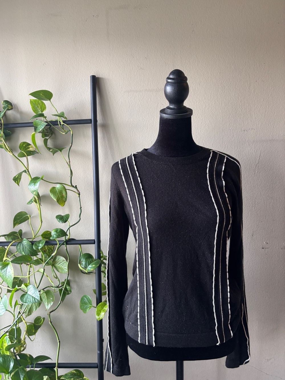 Ann Taylor Black Crewneck Sweater with White Contrast Piping